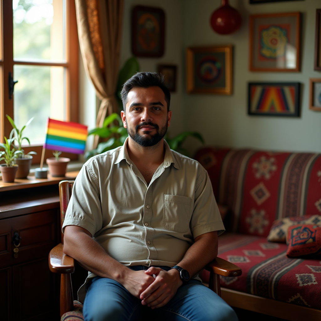 Heritage-Inspired Pride Portraits That Blend Culture and Identity example: Photorealistic environmental portrait photography. The subject is seated in a cozy home setting surrounded by meaningful