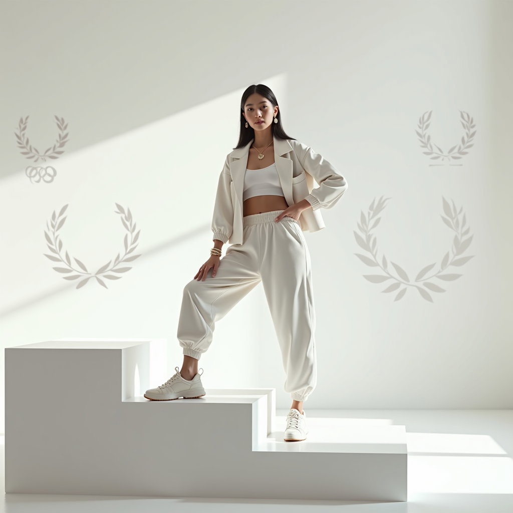 AI-generated photo: Photorealistic fashion photography, horizontal editorial shot in an all-white gallery-like space tra...