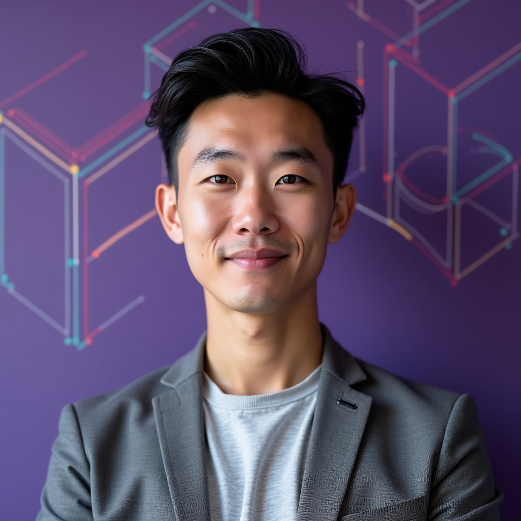 AI-generated photo: Professional headshot: deep violet studio wall etched with oversized isometric cube linework in elec...