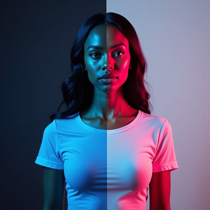 AI-generated photo: Photorealistic studio portrait showing a direct comparison of gel behavior on light vs dark backgrou...