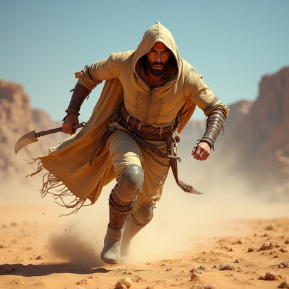 AI-generated photo: Cosplay dynamic action photo featuring a fantasy desert nomad racing across an arid landscape. The c...