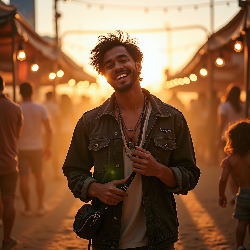 Golden Hour Festival Entrance Walk example: Photorealistic festival portrait photography. Half-body entrance-walk portrait in a rope-light corridor from the ridesha