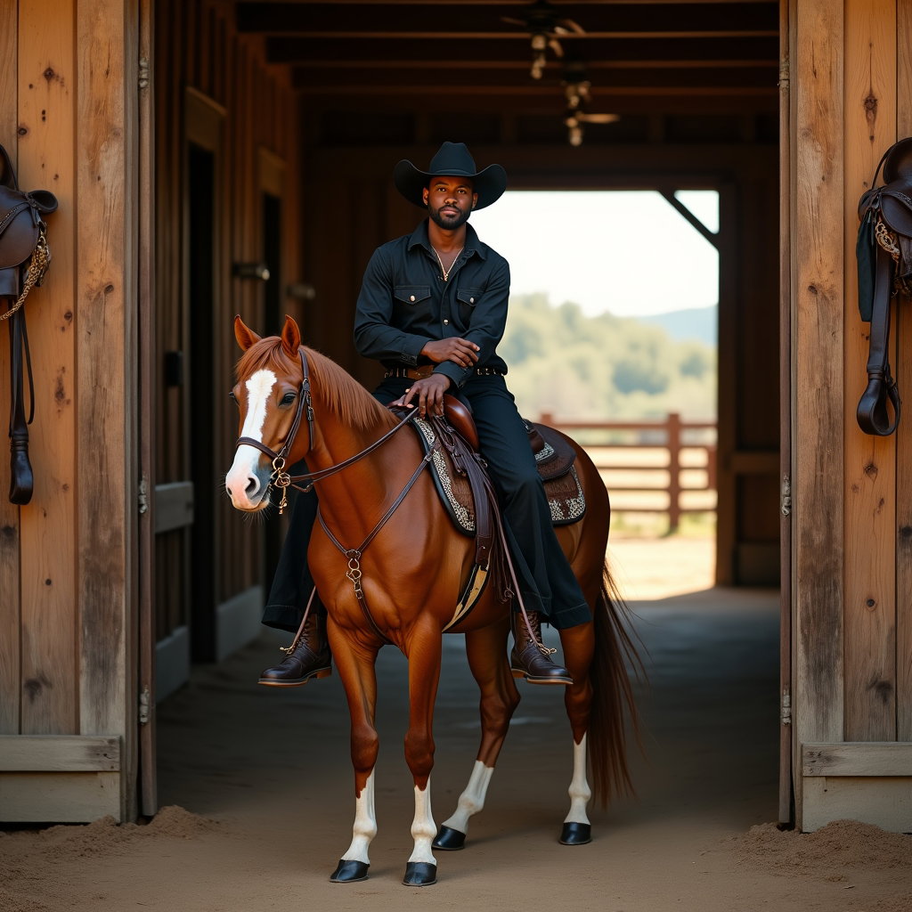 AI-generated photo: High-fashion western photography, a striking seated saddle-style portrait staged in an open stable d...
