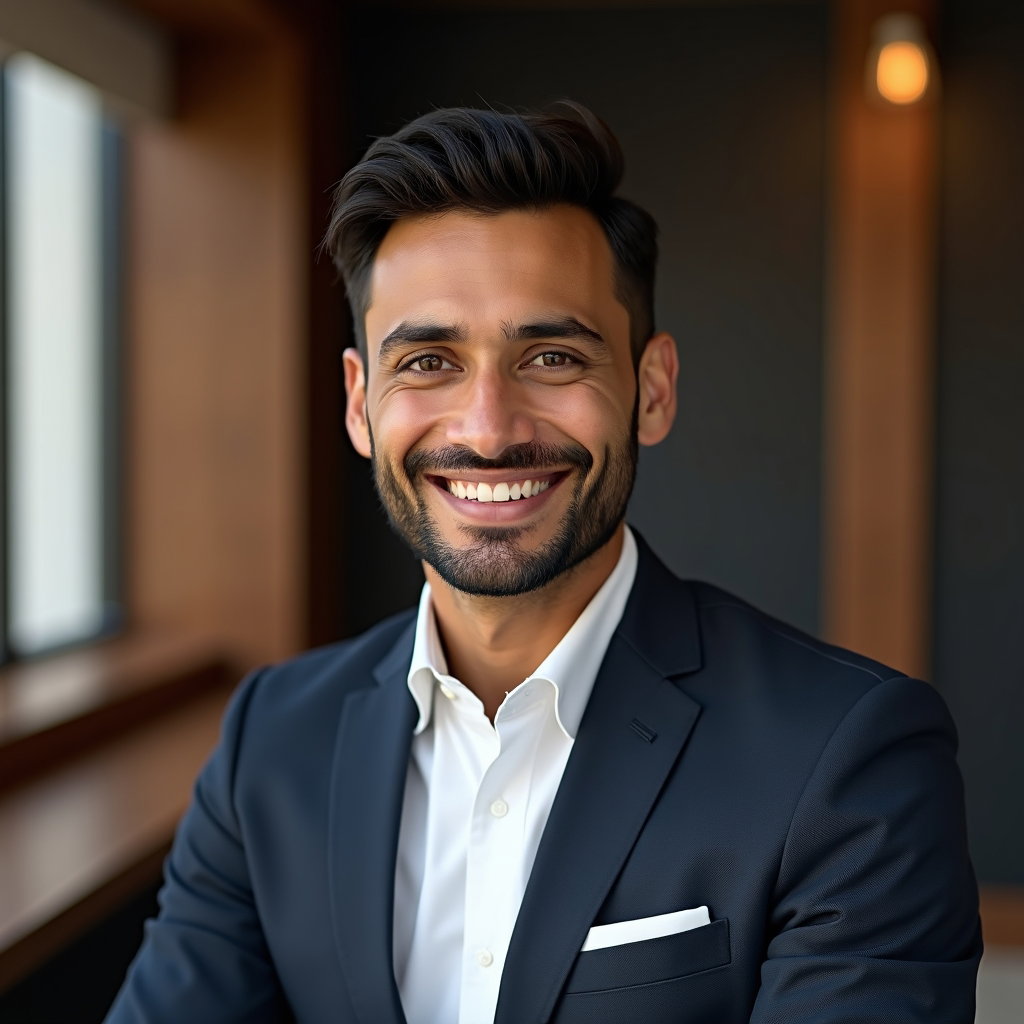 AI-generated photo: Professional headshot photo in an executive office setting with walnut wood textures and matte charc...