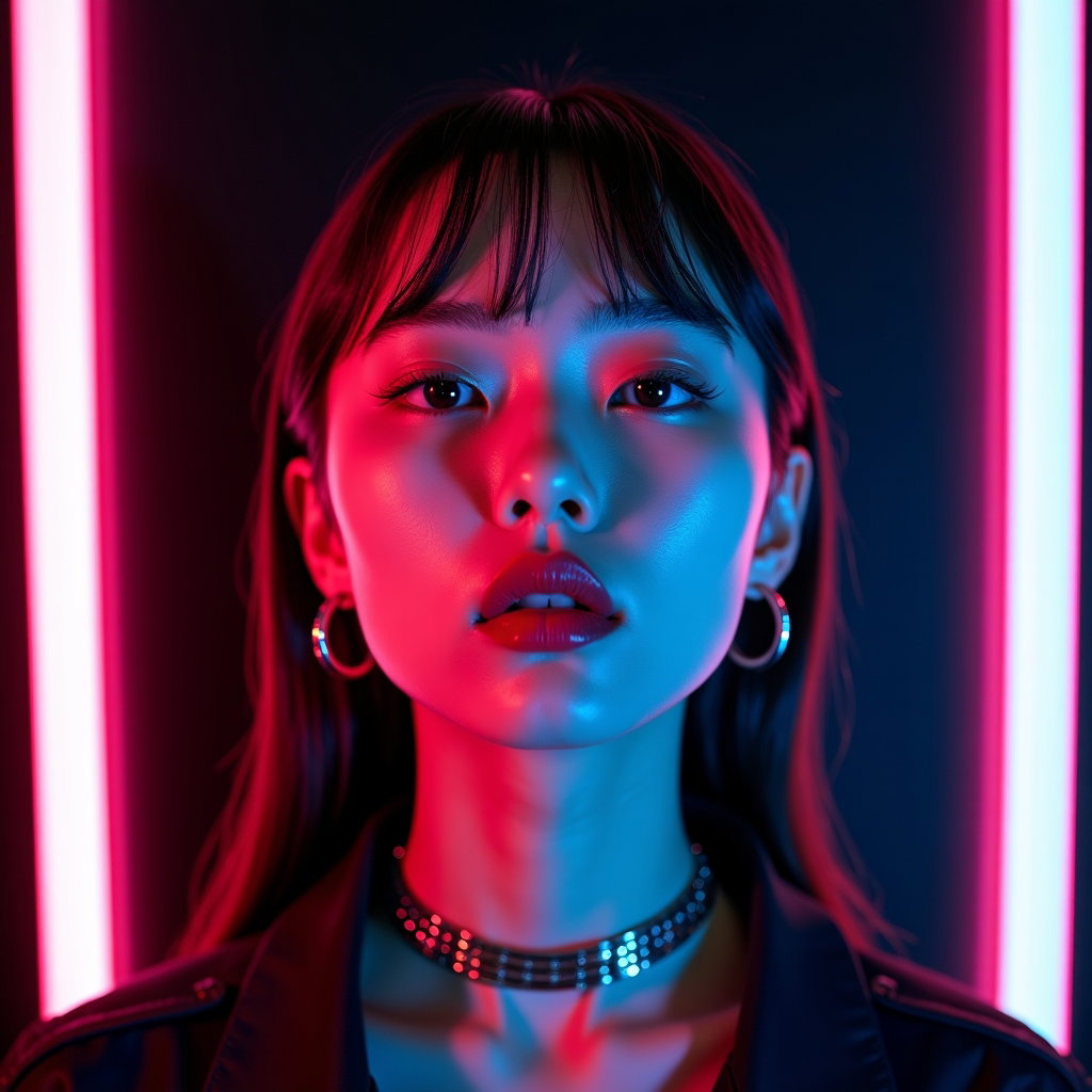 Neon Electropop Album Cover Portraits example: Photorealistic neon electropop album cover portrait. Extreme close-up square cover crop with the face filling the frame,