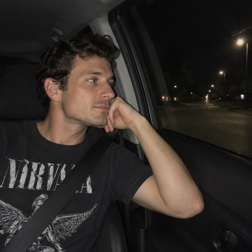 Car-Seat Point-and-Shoot: A quiet nighttime passenger-seat portrait photographed from near the dashboard.