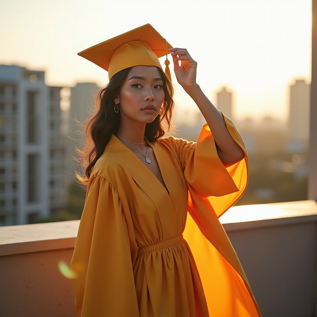 AI-generated photo: Photorealistic editorial photography, a dreamy sunlit graduate portrait set on a rooftop terrace ove...