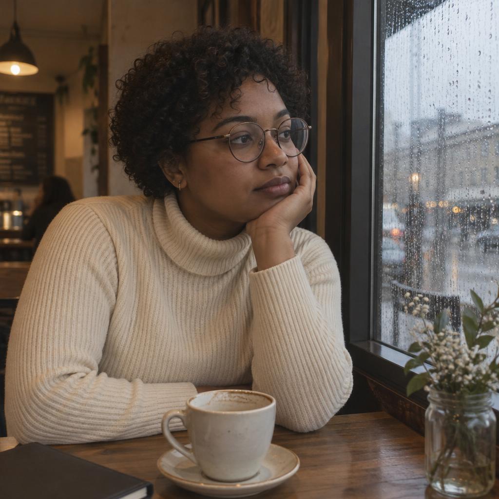 Coffee-Shop Film-Grain Portrait: Candid waist-up photo of one person seated at a café window on a rainy afternoon, wearing round glasses and a cream ribbed turtleneck.