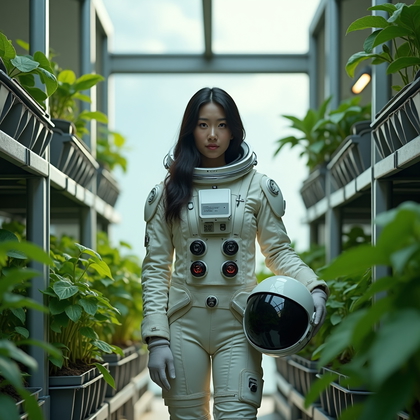 AI-generated photo: Photorealistic sci-fi portrait photography. A lunar explorer stands in a moon base greenhouse module...