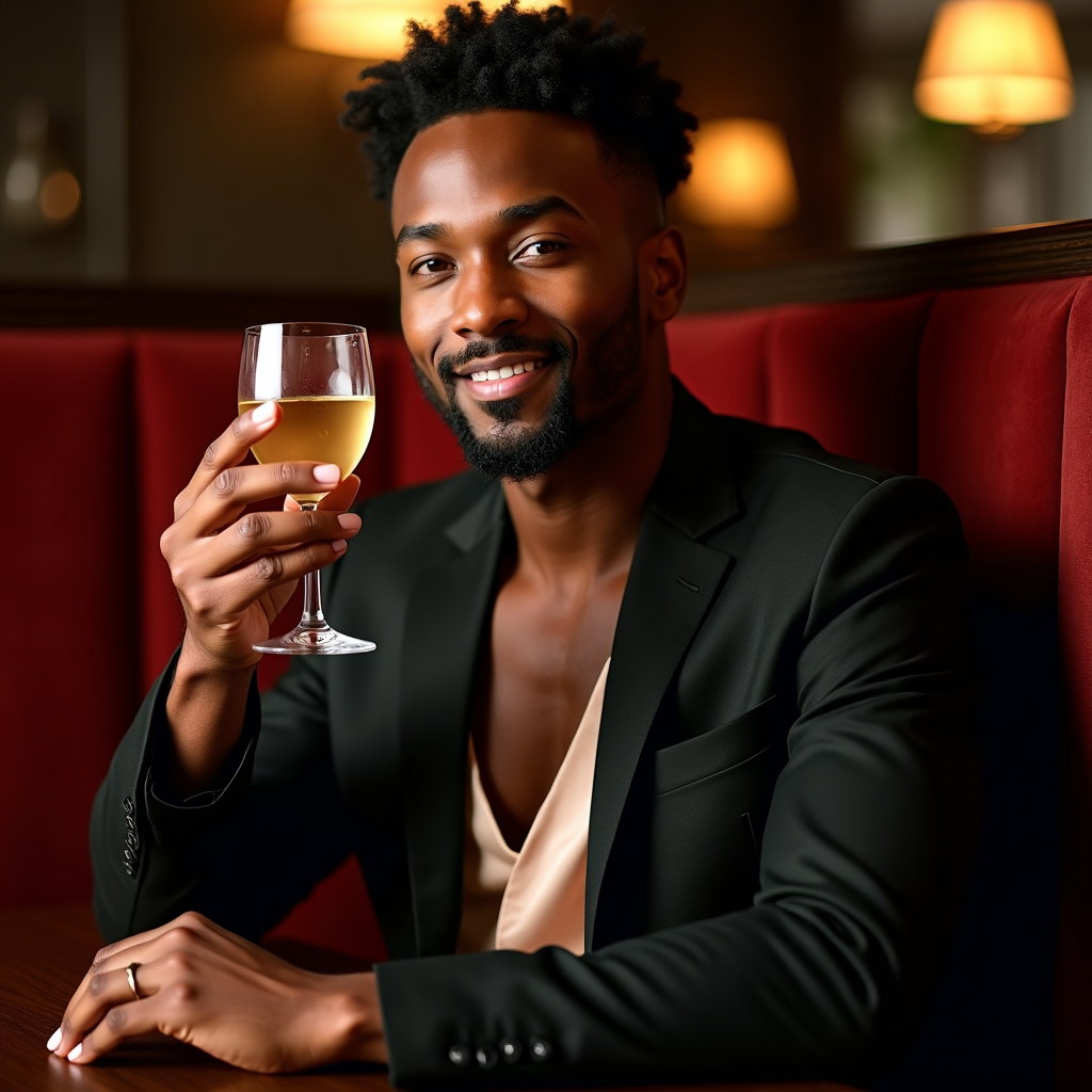 Birthday Dinner Solo Portraits That Feel Elegant example: Photorealistic portrait photography. Half-body portrait in a plush corner booth, posing with a coupe glass raised in a t
