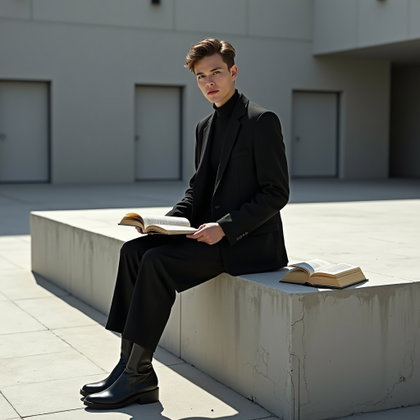 Minimal Modern Poetcore Portrait That Doesn’t Look Like a Costume example: Photorealistic editorial portrait photography. Hero image with the subject seated on the edge of a low concrete structur