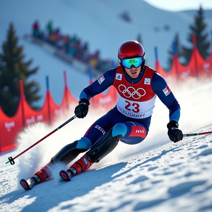 AI-generated photo: Photorealistic sports action photograph of an alpine slalom racer snapping around a gate, captured a...