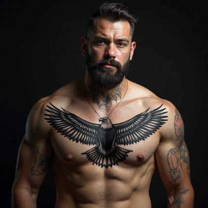 AI-generated photo: Photorealistic photography of a man with a realistic blackwork tattoo of a soaring eagle spanning ac...