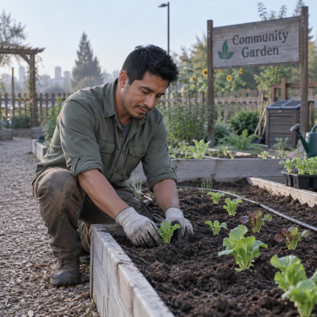 Community Garden Volunteering: Wide personal photo from across a garden path: he kneels beside a shared raised bed, carefully placing a lettuce seedling among newly…