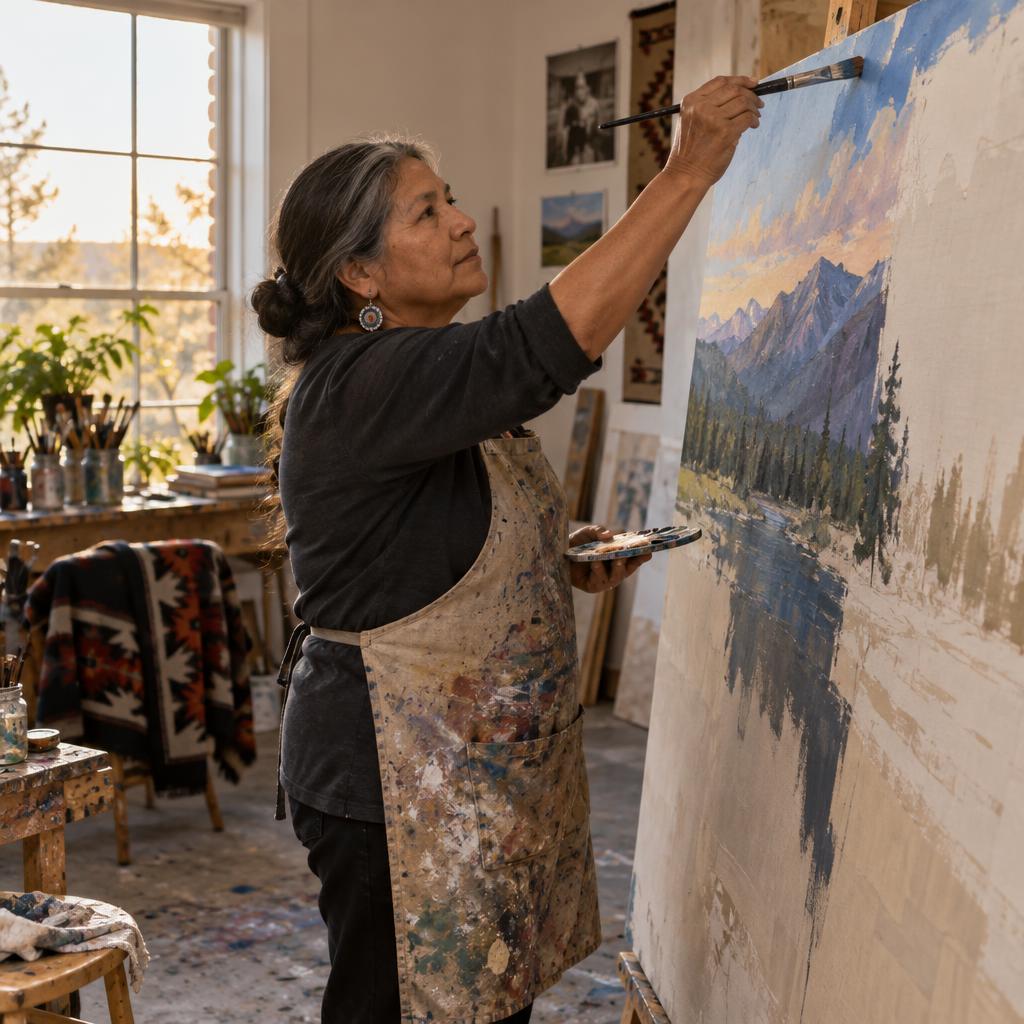 Creative Practice In A Working Studio: Vertical studio photo of one person stretching an arm to paint the upper edge of a tall, unfinished landscape canvas.