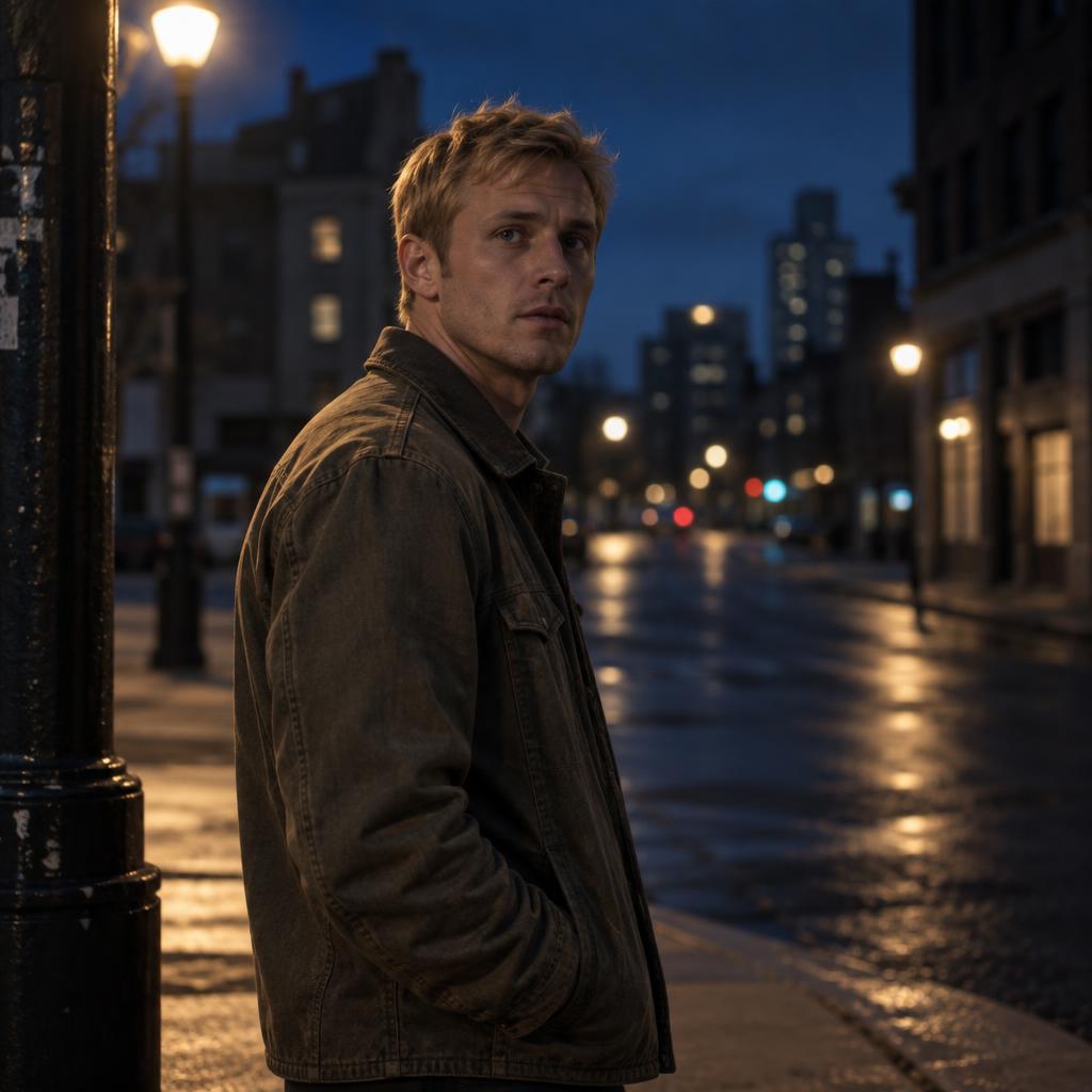 Gritty Crime-Drama Profile: Tight portrait at a deserted city corner in blue-hour darkness.