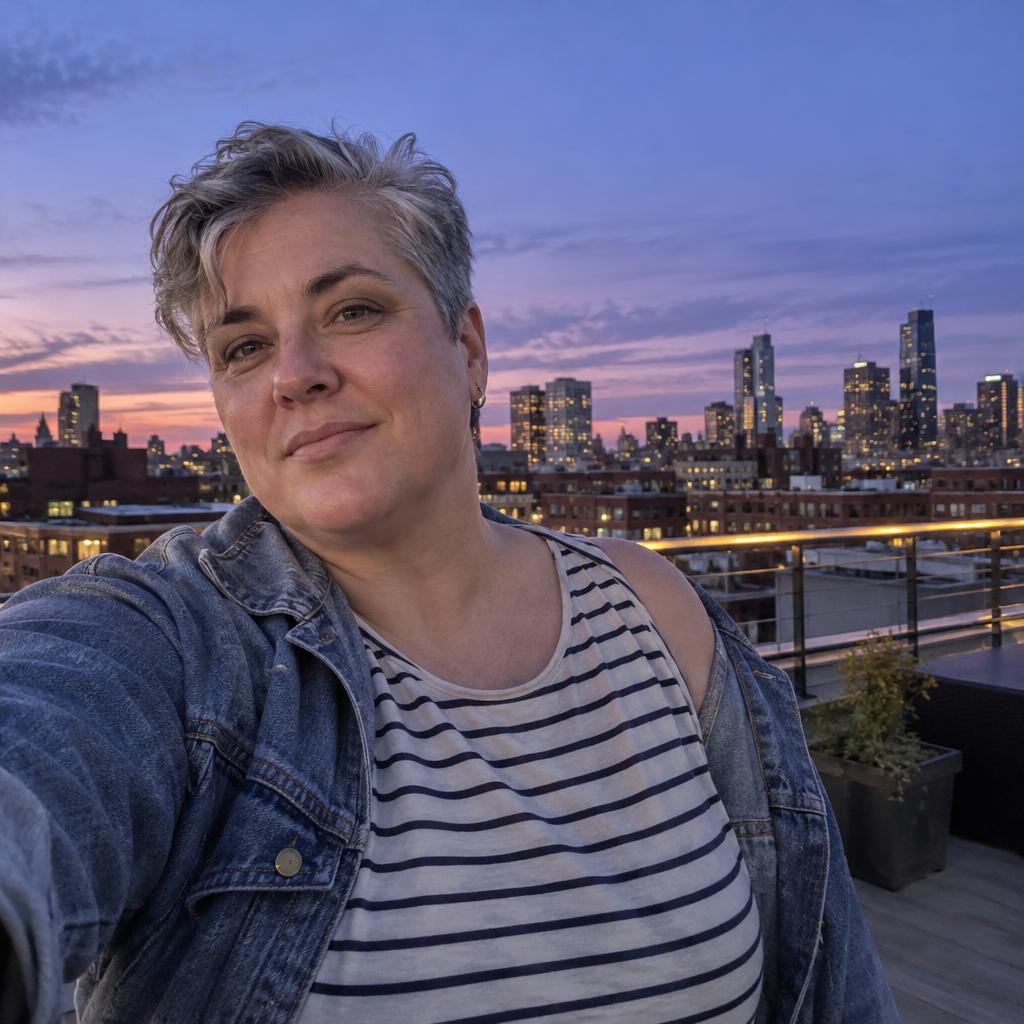 Rooftop Blue-Hour Selfie: Off-center, arm’s-length upper-body selfie on an open roof, leaving space for the purple-blue city skyline.