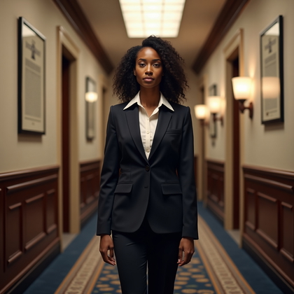 LinkedIn photo in a refined hallway lined with framed certifications and a runner carpet disappearing into soft depth, composed waist-up with the subject standing slightly offset to center, torso squared and chin level for an authoritative stance in sharp business attire. Soft Rembrandt-style key from camera-right through a large diffusion scrim, subtle negative fill on the opposite side, and a discreet shoulder rim from a wall sconce create dimensional, executive lighting with a neutral corporate color grade.
