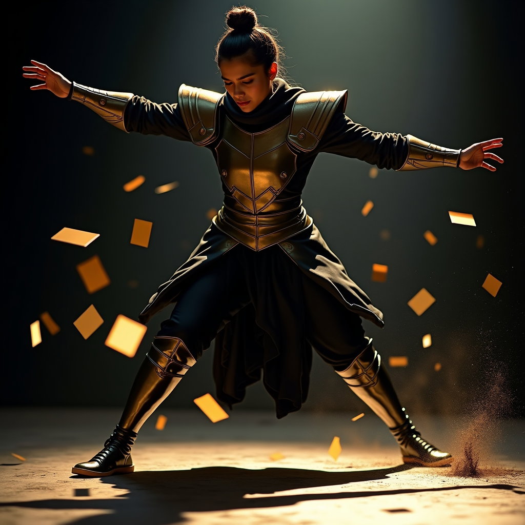 Black-and-Gold Idol Armor Portrait example: Cinematic fantasy action photo. Motion portrait of the subject caught in a sharp forward stomp-dance move on a dark stag