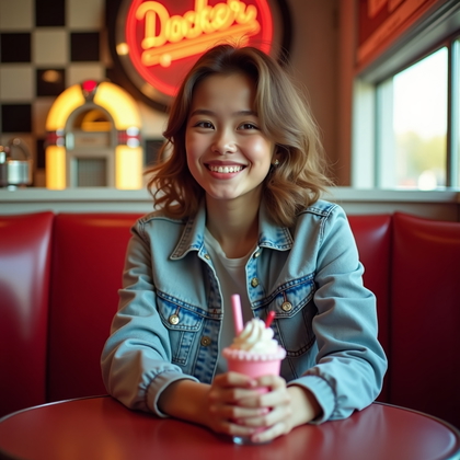 Photobooth portrait photo: retro diner booth scene with glossy cherry-red vinyl seating, chrome trim, checker tile, and a softly glowing jukebox casting warm practical light; face-forward composition with playful, flirty energy, elbows gently on the table near a pastel milkshake prop, face clearly visible with a subtle smile. High-key bounce fill from a white V-flat and a gentle hairline rim from a hidden strip light add dimensionality, while a light haze and shallow background detail keep the scene polished and photorealistic; casual wardrobe with a light-wash denim jacket over a fitted tee for effortless charm.