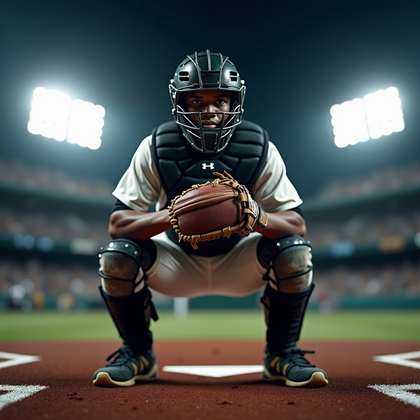 AI-generated photo: Photorealistic sports photography at a night game: low front angle from just beyond home plate, the ...