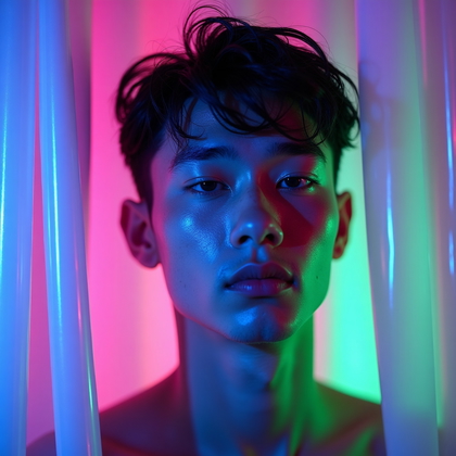 AI-generated photo: Photorealistic neon editorial portrait photo featuring an oil-and-water caustic gobo created with ge...