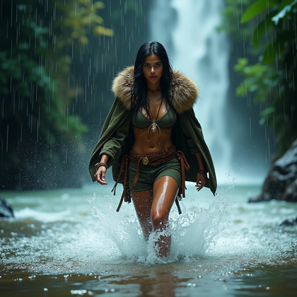AI-generated photo: Photorealistic outdoor action portrait: Dawn rain pours through a rainforest gorge as the subject ch...
