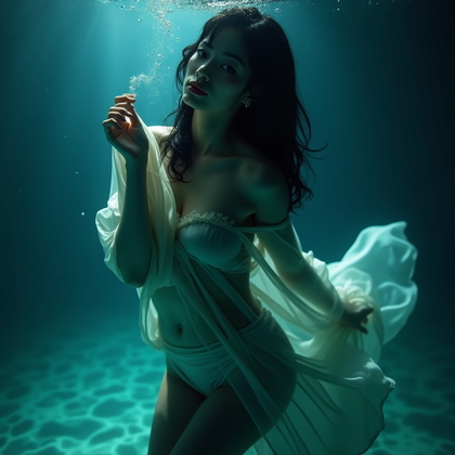 AI-generated photo: Photorealistic underwater portrait photography. The subject is captured from the waist up, slightly ...