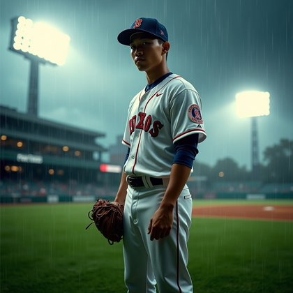 AI-generated photo: Photorealistic sports photography of an outfielder standing alone in deep grass under a pounding rai...