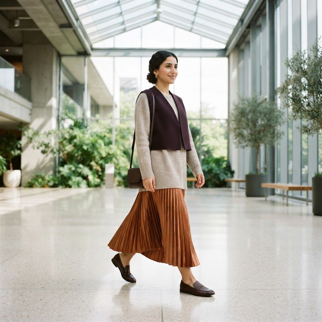 Layered Silhouette in a Glass Atrium: Capture a single unhurried step across the pale floor of a bright glass atrium, body turned three-quarters toward the viewer.