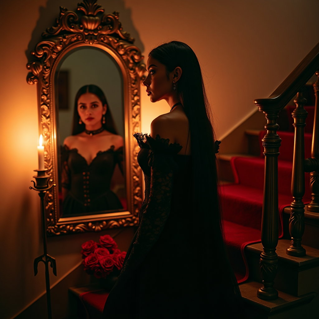 Regal Staircase Vampire Romance Portrait example: Cinematic gothic portrait photography. Unexpected creative variation with a romantic mirror on the staircase landing, th