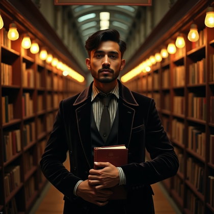 Vintage Bookshop Aisle Portrait With a Secretive Smile example: Photorealistic editorial hero portrait photography. Posed beneath an old hanging shop sign inside a grand vintage bookst