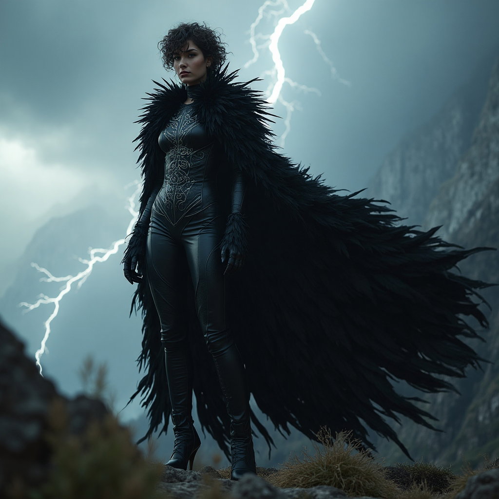 AI-generated photo: Cosplay villain photo depicting an enigmatic villainess enveloped in a cloak of midnight black feath...