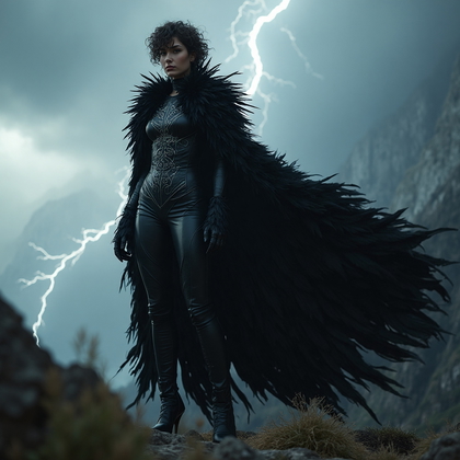 AI-generated photo: Cosplay villain photo depicting an enigmatic villainess enveloped in a cloak of midnight black feath...