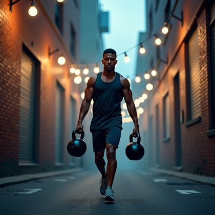 AI-generated photo: Photorealistic fitness photography of a farmer’s carry in the alley beside a gym at dawn, mural-pain...