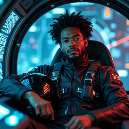 AI-generated photo: Photorealistic lifestyle portrait of a futuristic space pilot in a high-tech cockpit, reclining slig...