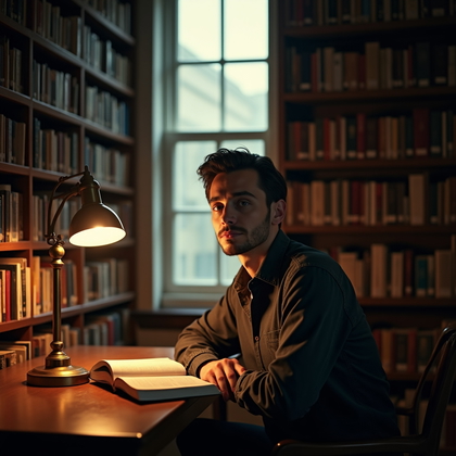 AI-generated photo: Photorealistic portrait photograph in a quiet library alcove, floor-to-ceiling stacks and a rolling ...