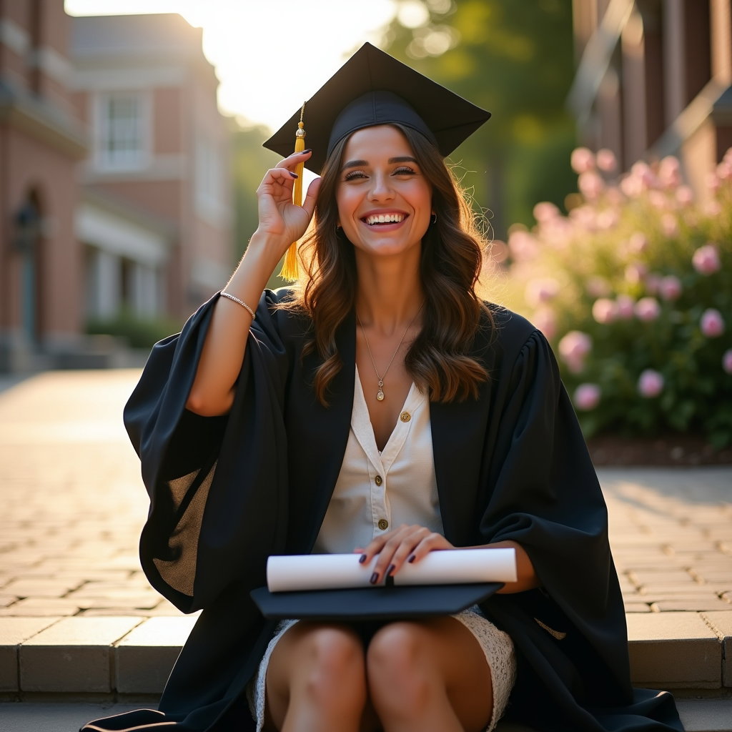 AI-generated photo: Professional fashion portrait photography, joyful graduation portrait designed like a celebratory ed...