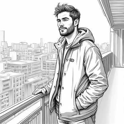 AI-generated photo: **Line Art Drawing.** Illustrate a line art portrait of a young man standing on a balcony, with natu...