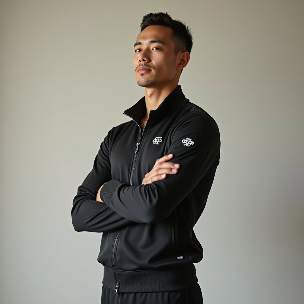 AI-generated photo: Photorealistic studio fashion photography, calm Olympic champion portrait with the subject standing ...