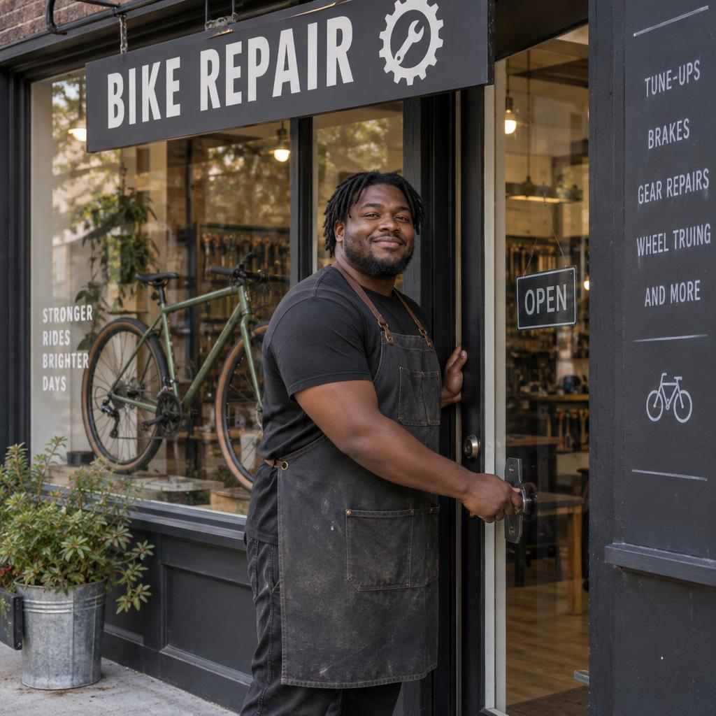 Launching An Independent Business: Eye-level view from across a narrow sidewalk as the owner opens his new bicycle repair shop.