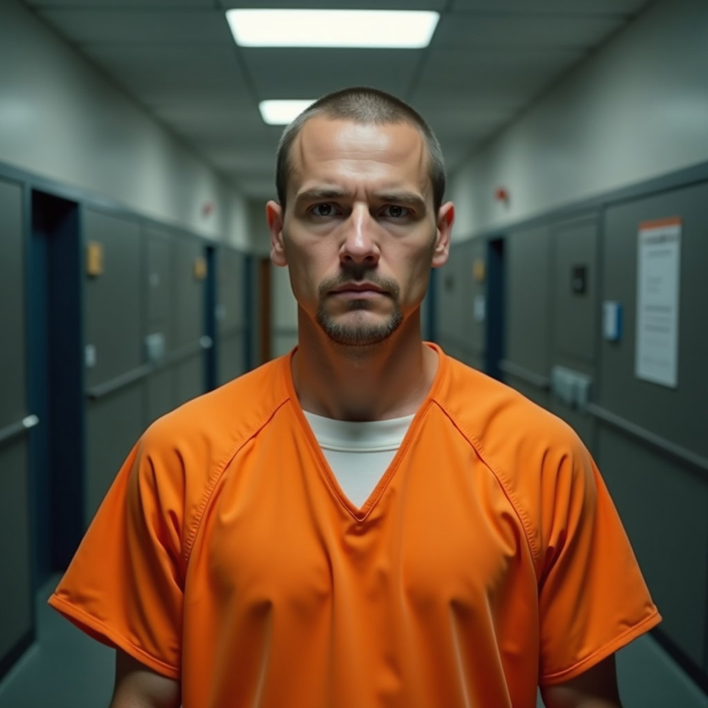 AI-generated photo: Photorealistic prison identity photograph shot in a controlled studio-like booking area, subject in ...