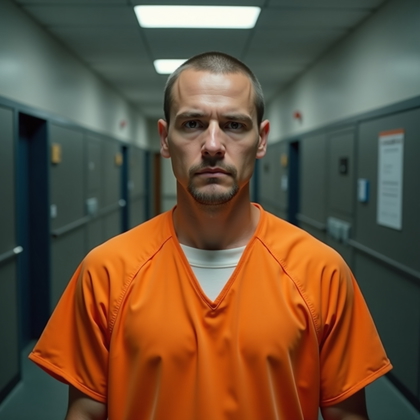AI-generated photo: Photorealistic prison identity photograph shot in a controlled studio-like booking area, subject in ...