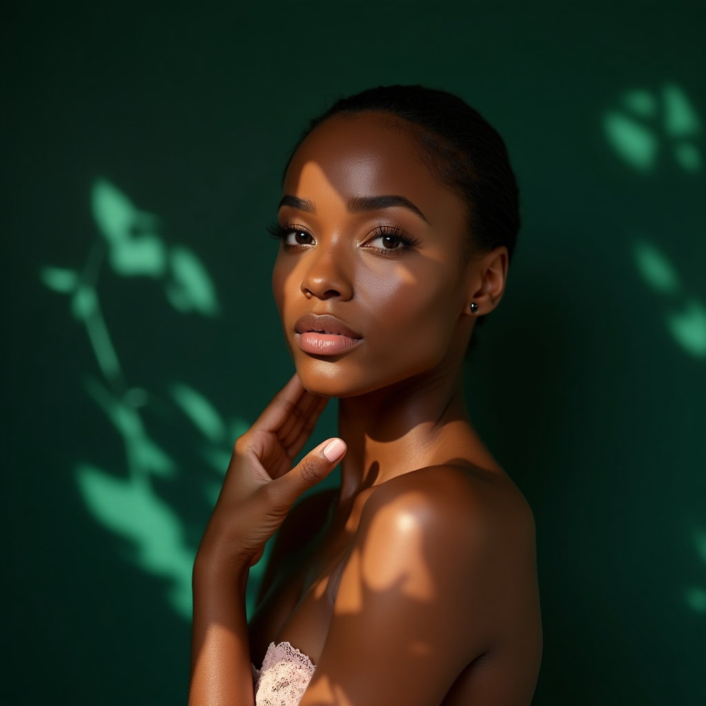 AI-generated photo: Photorealistic studio beauty portrait photo, three-quarter head turn toward camera with lace curtain...