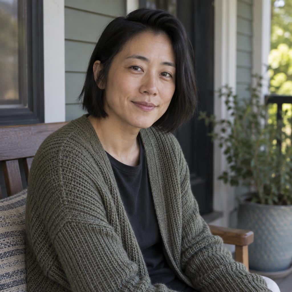 Warm Neighborly Character: A seated acting headshot on a simple front-porch bench, cropped just above the waist.