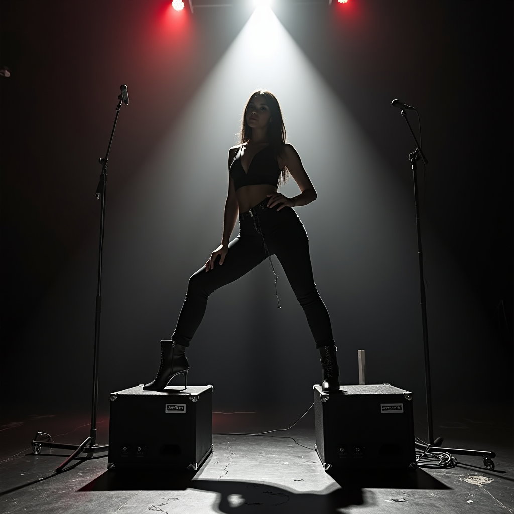 Rebellious Rock-Pop Album Cover Portraits example: Photorealistic rock-pop album cover portrait, full-body pose on a small stage with the subject standing wide and confide