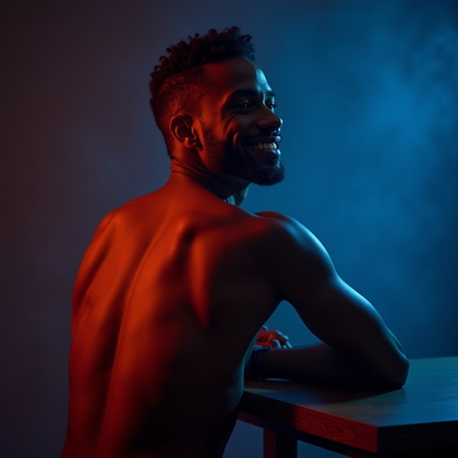 AI-generated photo: Photorealistic studio portrait. The subject leans one forearm on a high posing table, torso angled s...
