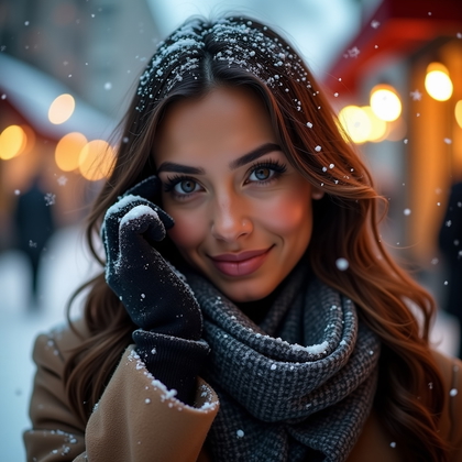 AI-generated photo: Photorealistic winter beauty portrait photo on a snowy street with warm storefront bokeh, the face c...