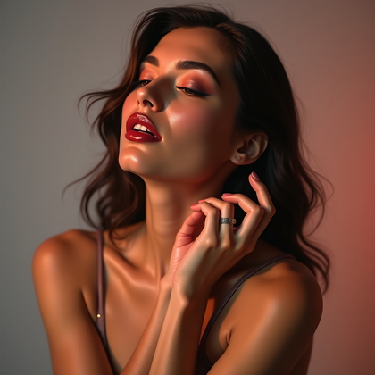 AI-generated photo: Photorealistic editorial beauty portrait photography, vertical composition from chest-up in a studio...