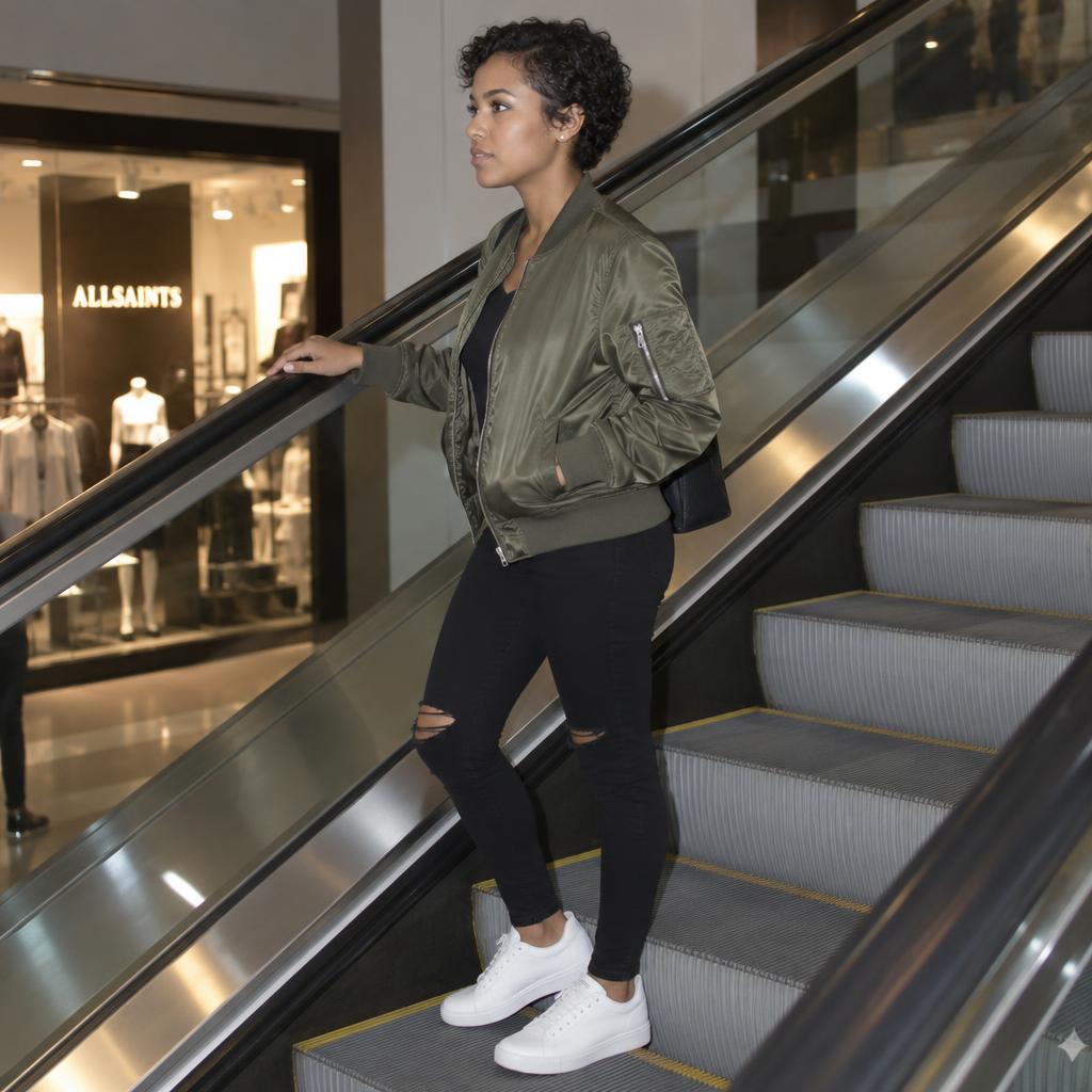 Mall Escalator Streetwear: Side-on, full-body candid of one person riding a mall escalator, one hand resting on the moving rail and the other tucked into an olive…
